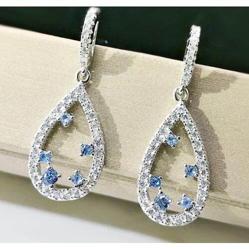 Solid 925 Sterling Silver Blue High Carbon Diamond Pearl Drop Earrings For Women Girl Fashion Bijoux Earrings Jewelry Gifts