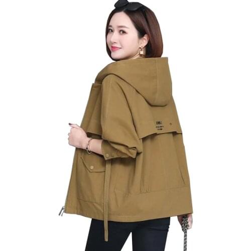 Spring Autumn Womens Trench Coat Hooded Long Sleeve Basic Coat Ladies Casual Windbreaker Outerwear Plus Size Loose Female Tops