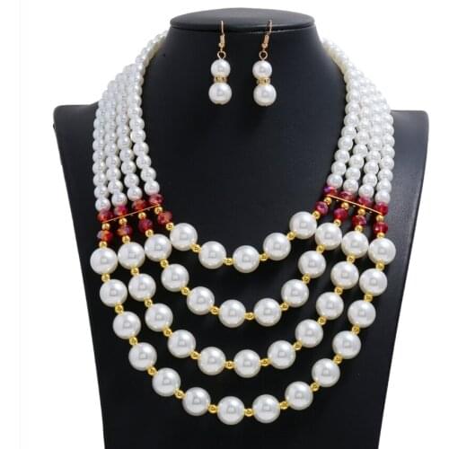 FYJS Unique Light Yellow Gold Color Multi Layer Imitation Pearl Pendant Long Beads Chain Necklace Earrings Jewelry Sets