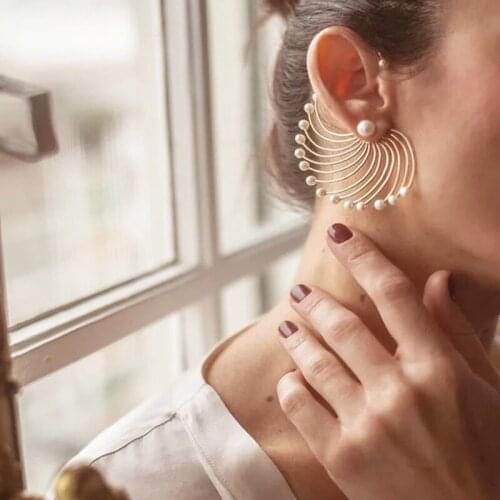 SRCOI Vintage Geometric Peacock Opening Fan Shaped Party Earrings Fashion Gold Metal Imitation Pearls Big Gold Statement Earring