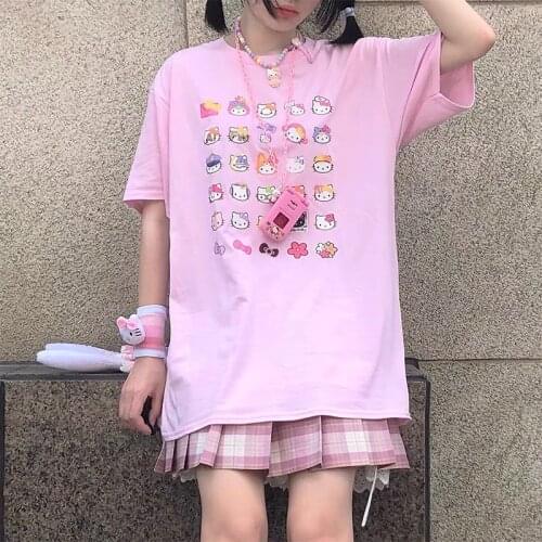 Japanese Kawaii Kitty Cats Printed Harajuku Shirts For Girls Cotton 90s Y2k Sweat Graphic Tees Plus Size Cartoon Women Tshirts