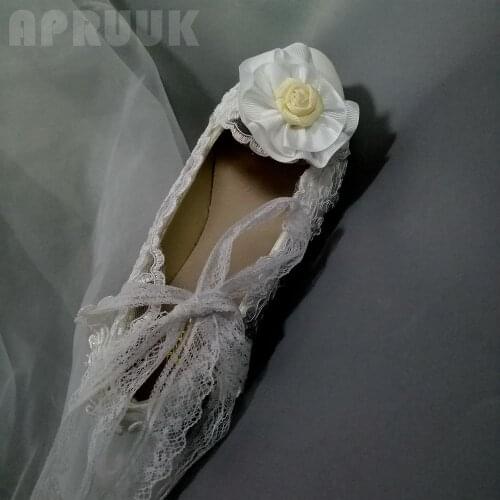 Womens white lace wedding shoes bride handmade sweet fairy ankle lace band strap bridal bridesmaid party dancing flats shoe