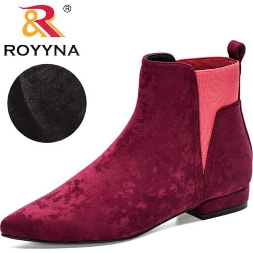 ROYYNA 2020 New Designers Lower Heels Pointed Toe Western Style Boots Women Flock Plush Ankle Boots Lady Elastic Band High Top