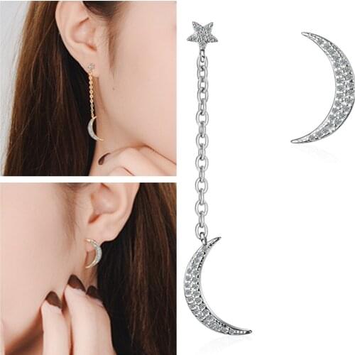 Luxury Crystal Moon Gold Tassel Drop Earrings Jewelry For Women Birthday Gift Trendy Silver Plated Earring Girls Asymmetry