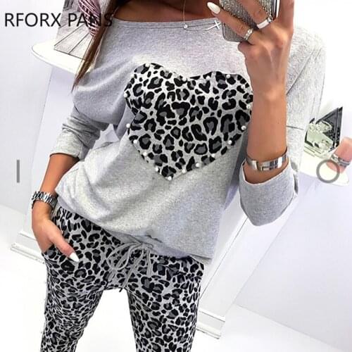Women long Sleeve Leopard Print Heart Design Beaded Top & Pants Set Two Piece Set Top and Pants