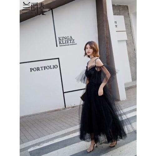 High Quality 2018 Spring Summer Women Dresses Black party dress ladies black veil sexy long dress can customs size
