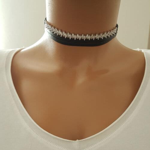 Choker Women Baquette Leather Neckalce Fashion Jewelry for Women 925 Sterling Silver Made in TURKEY
