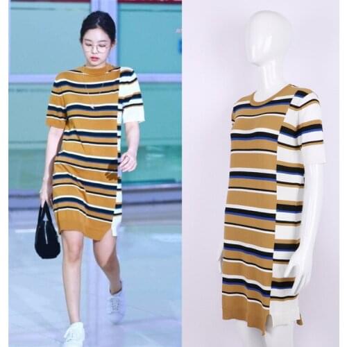 Kpop Korean Celebrity the same splice striped dress women bodycon dress summer fashion korean streetwear round neck knit dresses