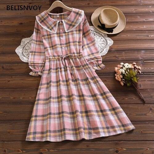England Style Spring Autumn Women 2021new Knee-dress Sailor Collar Bow Plaid Vintage Dress Elegant Flare Sleeve A-line Dresses