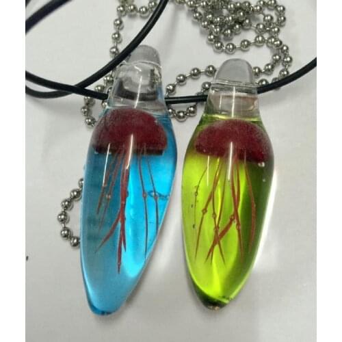FREE SHIPPING 2PCS 100% handcraft Red Jellyfish on Mix Glass Teardrop Pendant Necklace Charm Punk Hippie Black Rope
