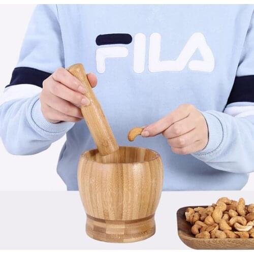 2021 New Mortar And Pestle Set Bamboo Bowl Garlic Press Grinder Crusher For Guacamole Kitchen Pepper Garlic Pressing Bowl