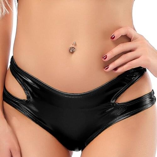 Hollow Out Low Waist PU Leather Hot Sexy Biker Booty Shorts Wetlook Shiny Pole Dance Night Clubwear Micro Mini Short Women Panty
