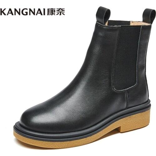 KANGNAI Chelsea Boots Women Cow Leather Ankle Boots Winter Fashion Brand Lady Platform Shoes