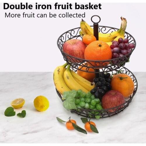 Household Wrought Iron 2 Tier Fruit Plate Countertop Folded Metal Fruit Basket Black Vintage Style Tray Stand Storage Basket