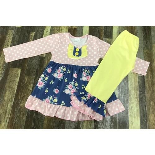 Baby girl spring and autumn boutique white polka dot button flower dress lace pantsuit