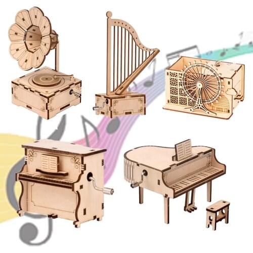 DIY 3D New Wooden Hand Music Box Puzzles Phonograph Piano Harp Kits Assembly Toy Gift for Children Adult