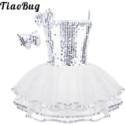 TiaoBug Kids Girls Sequin Stage Performance Modern Jazz Dance Costume Child Spaghetti Straps Mesh Ballet Tutu Dress Hairclip Set