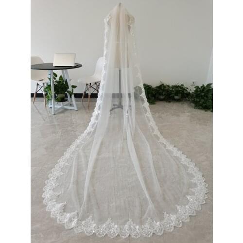 White or ivory one layer veil lace cathedral wedding veil sequin lace shiny bridal wedding veil