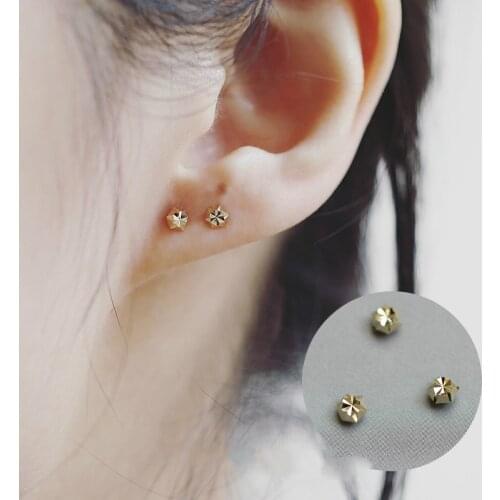 9k solid gold earring Mini stud Clover Snowflake Dainty minimalist simple style Gift