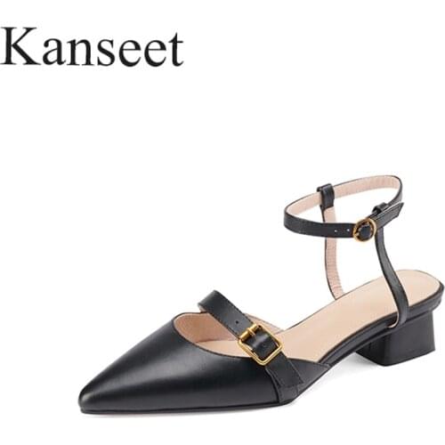 Kanseet Genuine Leather 2021 Summer Women Sandals Pointed Toe Thick Heels Black Beige Metal Buckle Strap Footwear Mid Heel Shoes
