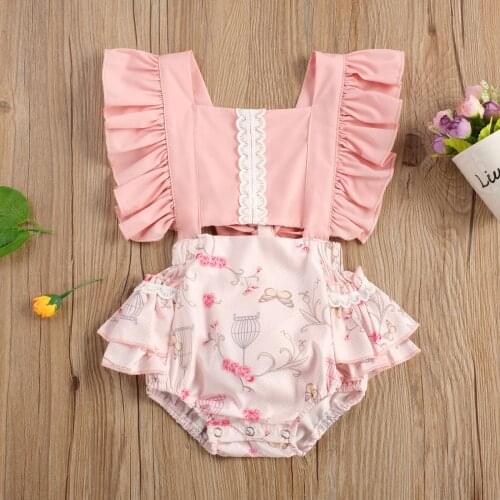 Baby Girl Romper Floral Jumpsuit High Waist Hollow Flower Printed Summer Backless Ruffles Fly Sleeve Baby Clothes
