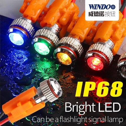 WINDOO 8mm 2pin Mini indicator lamp waterproof IP68 metal point light red green blue yellow single LED with 12V 24V 220V