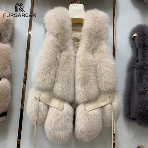 FURSARCAR Fashion New Fox Fur Vest Sheep Skin Genuine Leather Pockets Women Natural Real Fox Fur Jacket Winter Street Outerwear