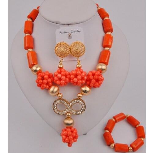 Fashion Orange Nigerian Coral Necklace African Beads Jewelry Set 12-E-03