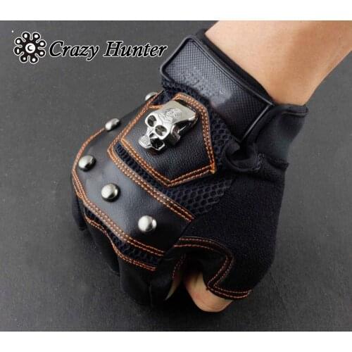 New Skull Logo Mens Leather Biker Motorcycle Training Driving Fingerless Gloves