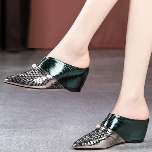 Punk Slippers Women Genuine Leather High Heel Mules Female Pointed Toe Pumps Shoes Wedges Roman Gladiator Sandals Casual Shoes