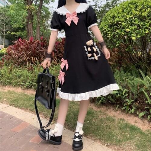 2021 New Japanese Style Cute Lace Contrast Color Bow Pocket Bear Student Dress Female Summer lolita dress kawaii clothing