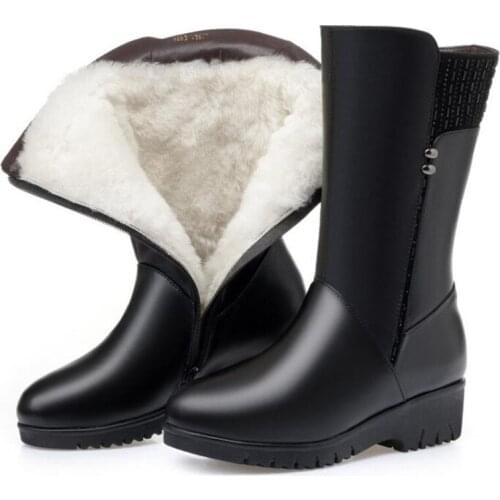 New Fashion In-tube Women Boots Inside Plush / Wool Warm Winter Boots Snow Boots Flat Wedges Non-slip Genuine Leather Boots
