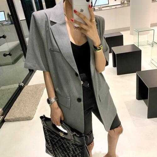 Grey Korean Vintage Fashion Women Blazers Jackets Short Sleeve Notched Collar Single-breasted Loose Solid Female Blazers Coats