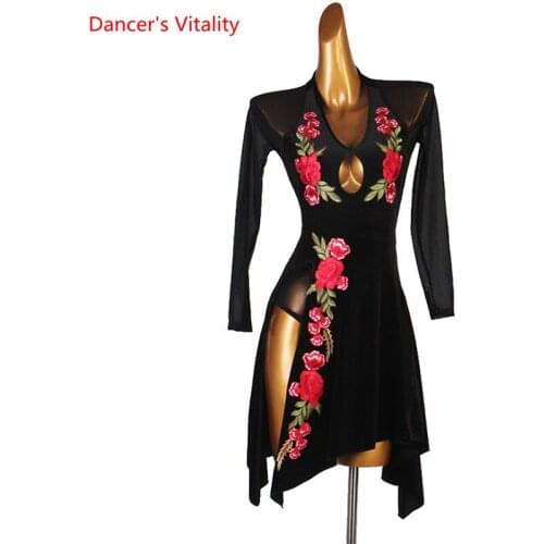 Latin Dance Dress Mesh Embroidery Skirt Long Sleeve Performance Clothes Profession Custom Adult Child Competition Clothing