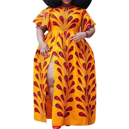 Summer new plus size fashion dress, split loose sexy temperament dress, printed orange big swing dress