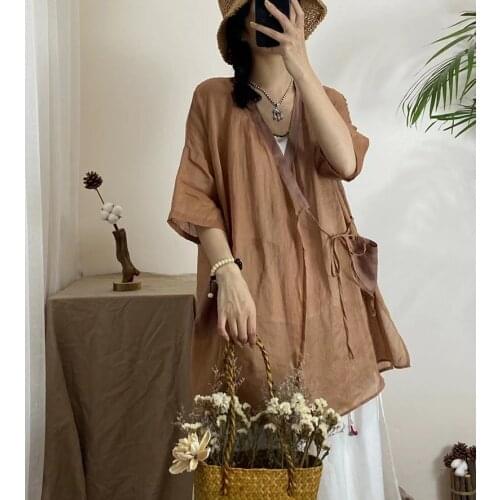 Women Retro Shirt 2021 Summer New Loose Drawstring Sunscreen Tops Blouse Short Sleeve pocket Casual All-match Tops