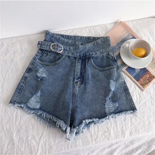 2019 Summer Women High Waist Jeans Shorts Streetwear Vintage Cotton Shorts Belted Blue Black Sexy Female Denim Shorts