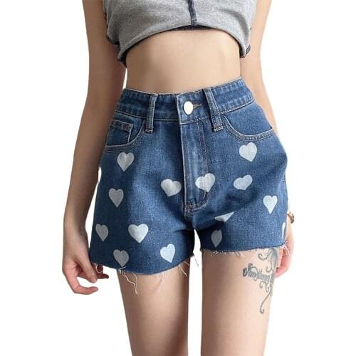 Women’s Stretch Denim Shorts, Trendy Heart Print High Waist Frayed Raw Hem Short Jeans