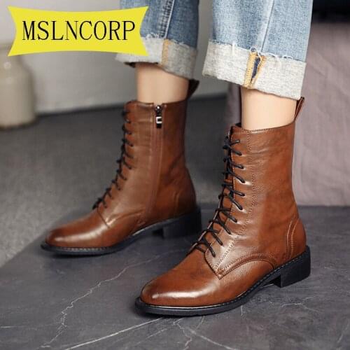 Plus Size 34-43 Women Boots Leather Women White Ankle Boots Motorcycle Boots Female Autumn Winter Shoes Woman Motorcycle Boots