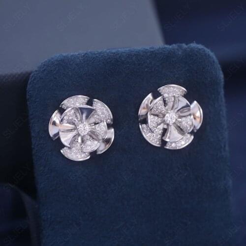SLJELY Fashion Solid 925 Sterling Silver Fan Shaped Flower Stud Earrings Micro Zirconia Women Luxury Brand Fine Party Jewelry