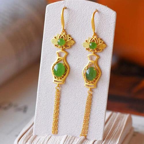 Super Fairy Retro Style Tassel Earrings Womens Sterling Silver Gold Inlaid Hetian Jade Green Jade Earrings Long Temperament