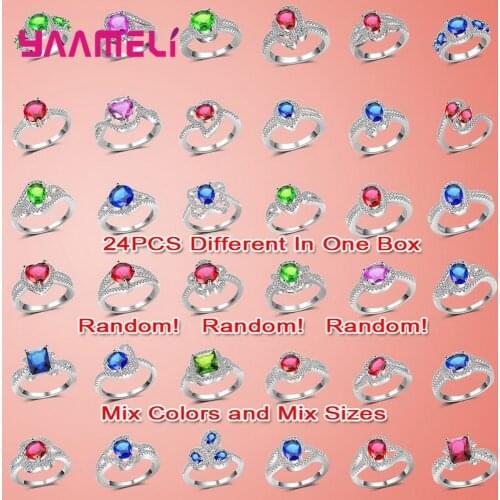 24 Pcs Lots Wholesale Luxury Wedding Engagement Crystal Rings For Women Girls Random Color Size 925 Sterling Silver