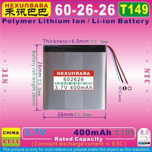 5pcs [T149] 3.7V 400mAh [602626] NTC;Polymer lithium ion / Li-ion battery for bluetooth,voice recorder pen,smartband;mp3