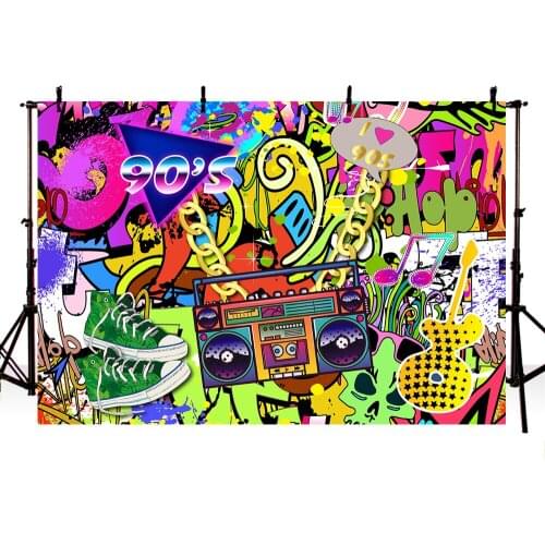 Mehofoto 90s Themed Backdrop Graffiti Hip Pop 90s Party Background 7x5ft Vinyl We Love The 90s Party Banner Decoration Prop 279