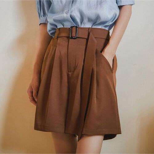 Black Fashion Loose Suit Shorts For Women Summer 2021 High Waist Pockets With Belt Wide Leg Short Pants Female New Arrivals