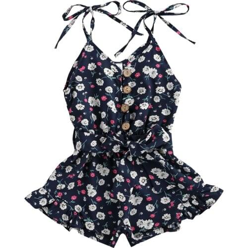 1-6Years Summer Kids Baby Girl Straps Floral Romper Cute Sleeveless V-neck Ruffles Flare Short Rompers with Waistband