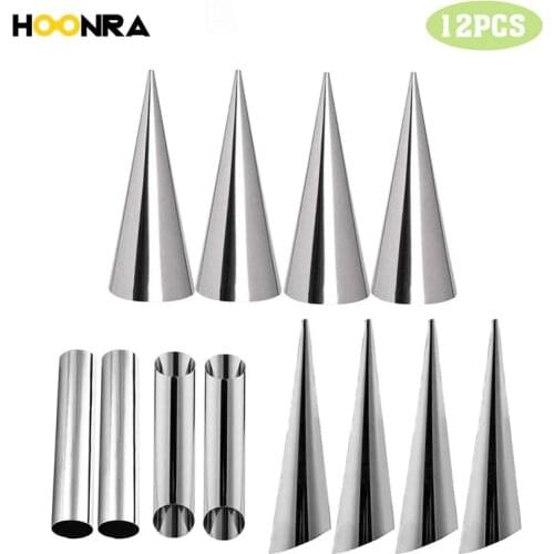 HOONRA 12Pcs Stainless Steel Spiral Croissants Molds Baking Conical Tube DIY Cone Roll Moulds Pastry Cream Horn Bread Mold