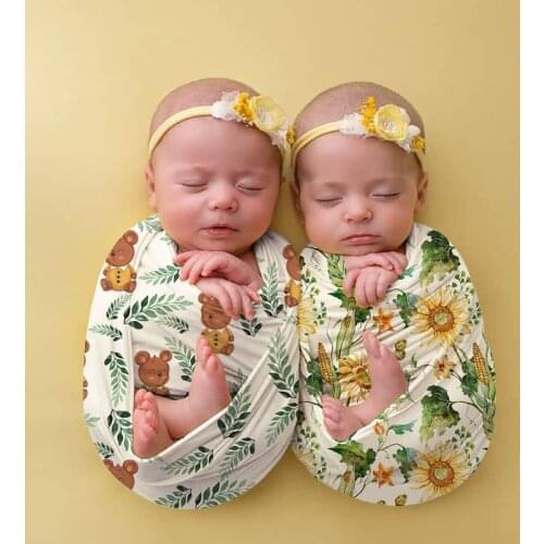 2 Pcs Baby Floral Printed Receiving Blanket Headband Set Sleepsack Swaddle Wrap Hair Band Headwrap Kit for Newborn Infant Props