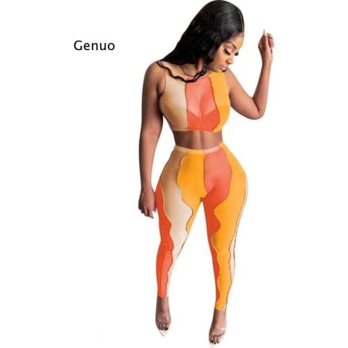 Sexy Sheer Mesh Patchwork Irregular Two Piece Set Sleeveless Tank Crop Top High Waist Pants Tracksuit Sporty Fashion Outdoor Set