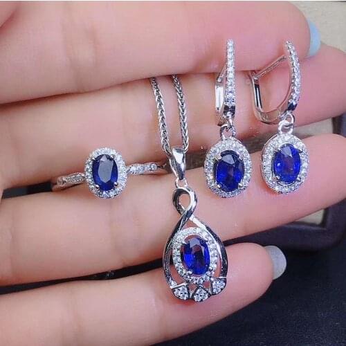 Real Natural Sapphire jewelry set Natural Real Sapphire 925 sterling silver 1pc pendant,1pc ring,2pcs Earring